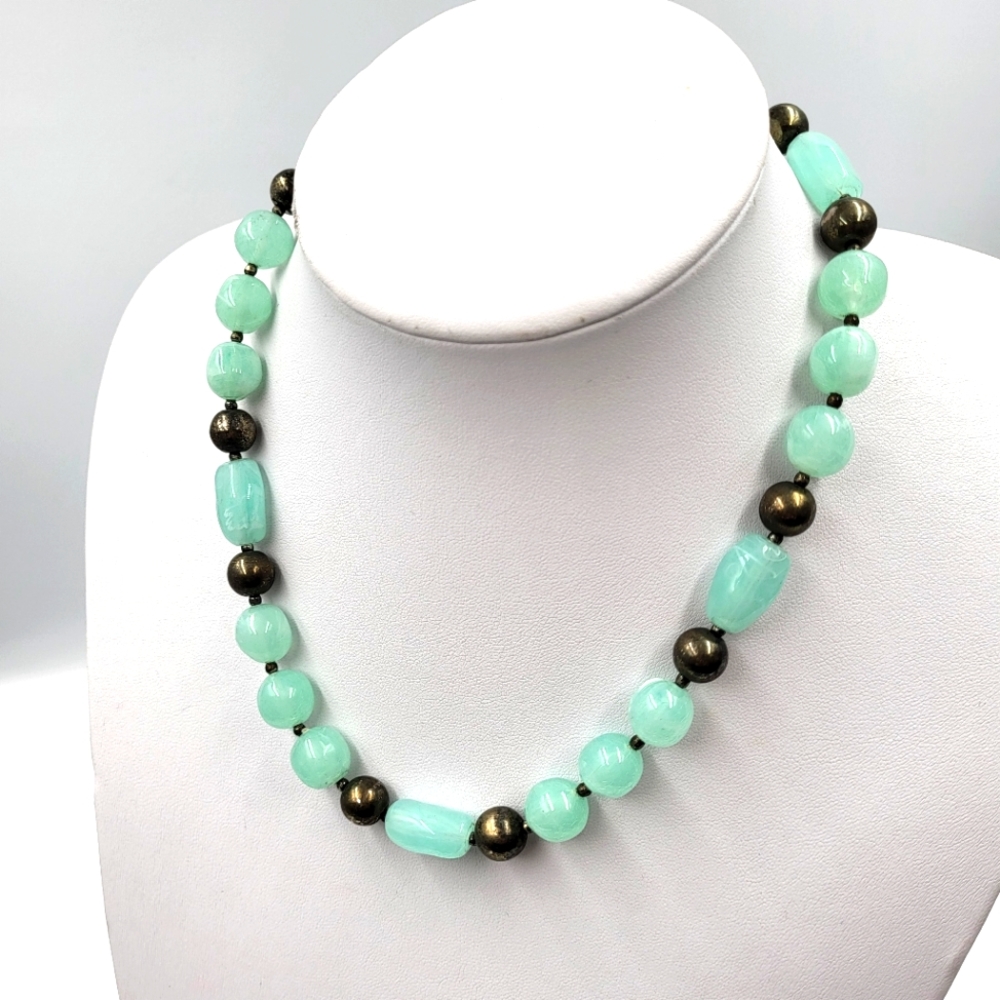 Aqua and Bronze Beaded Necklace.